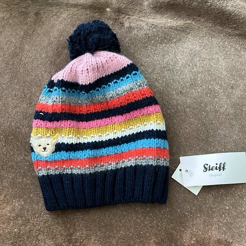 Steiff Embroidered Bear Colorful Striped Kids Beanie with Pom Pom Angora